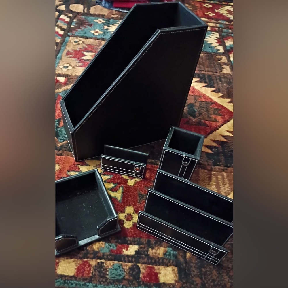 Black Leather Desk Organizer Set